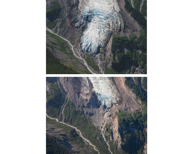 caption: The Coleman Glacier on Washington's Mount Baker in July 2003 (above) and July 2021 (below)