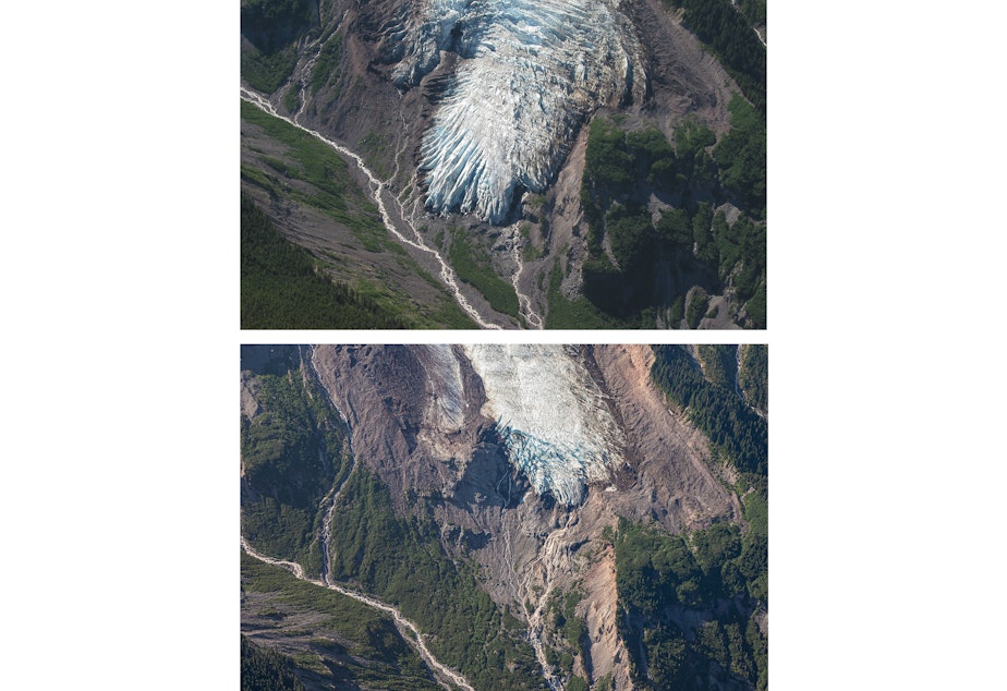 Caption: The Coleman Glacier on Mount Baker in Washington in July 2003 (above) and July 2021 (below)