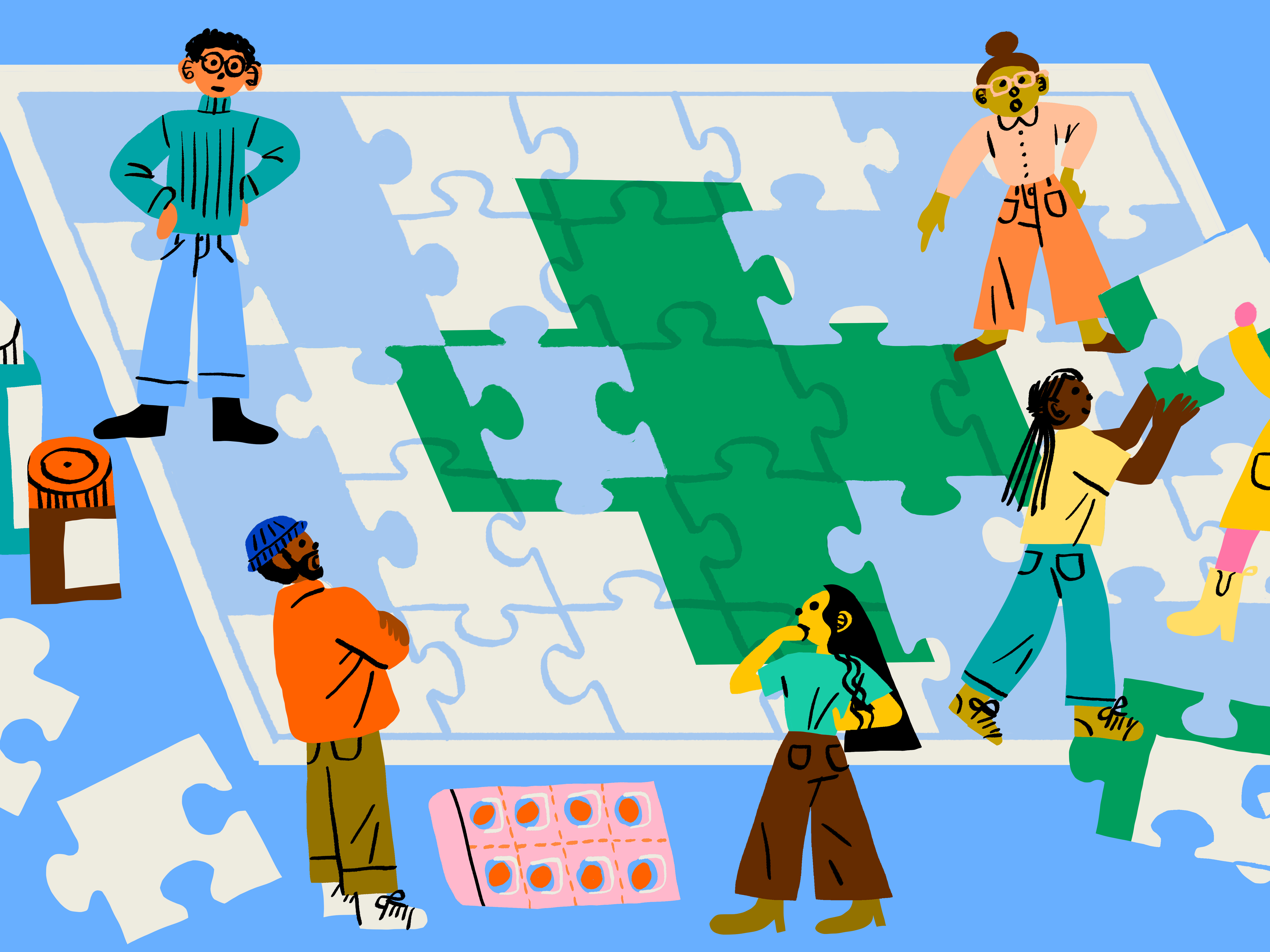 Illustration of a group of people putting together a large scale puzzle on the floor. The image on the puzzle is the health care cross. Medications surround the people putting the puzzle together.