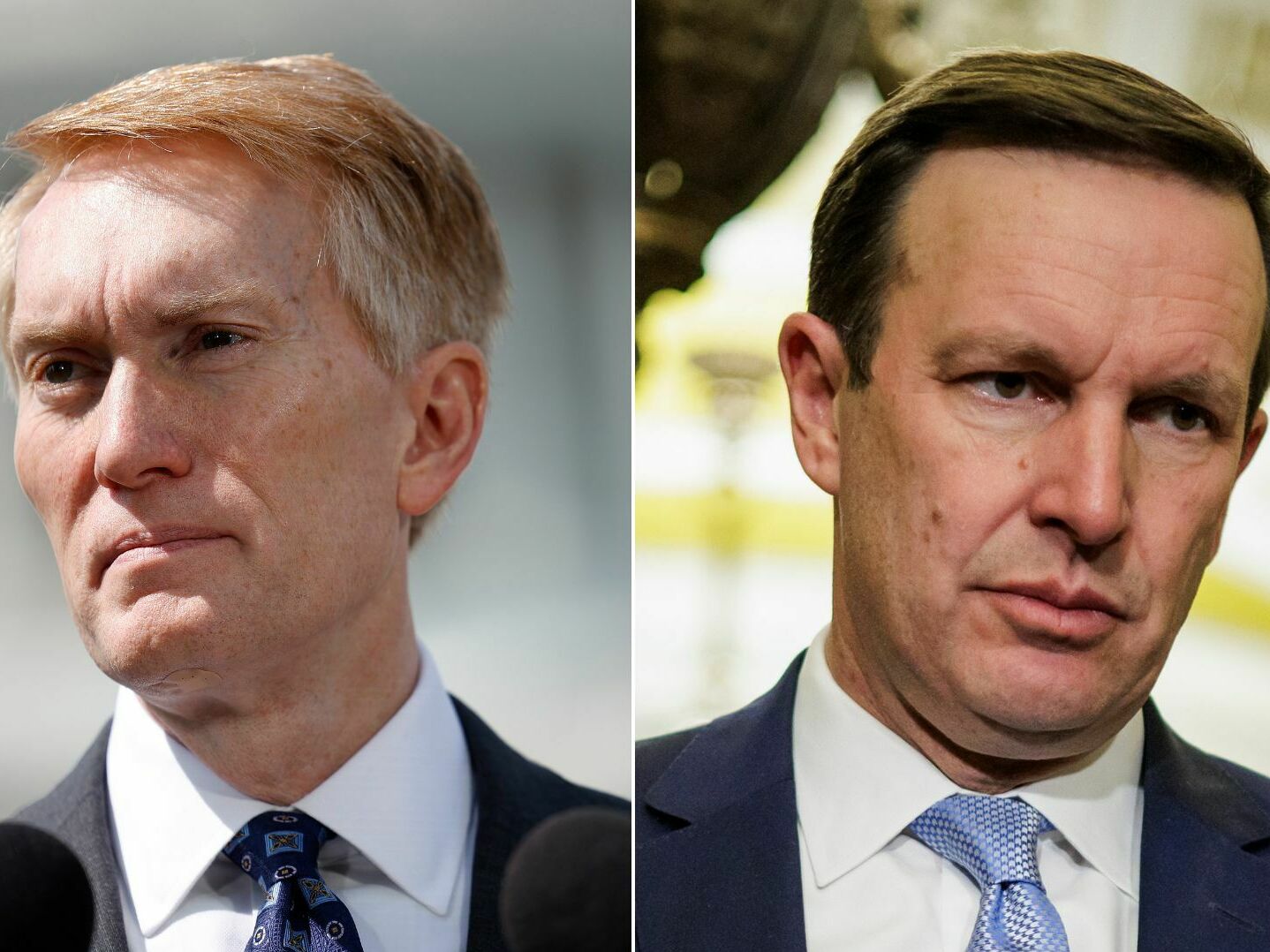 caption: Left: Sen. James Lankford, R-Okla., speaks on border security and Title 42 during a press conference at the Capitol on May 11, 2023. Right: U.S. Senator Chris Murphy, D-Conn., at press conference on Jan. 23, in Washington, D.C.