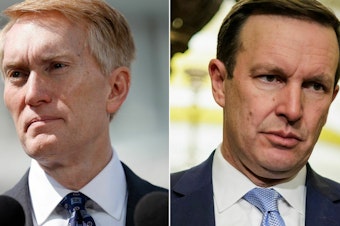 caption: Left: Sen. James Lankford, R-Okla., speaks on border security and Title 42 during a press conference at the Capitol on May 11, 2023. Right: U.S. Senator Chris Murphy, D-Conn., at press conference on Jan. 23, in Washington, D.C.