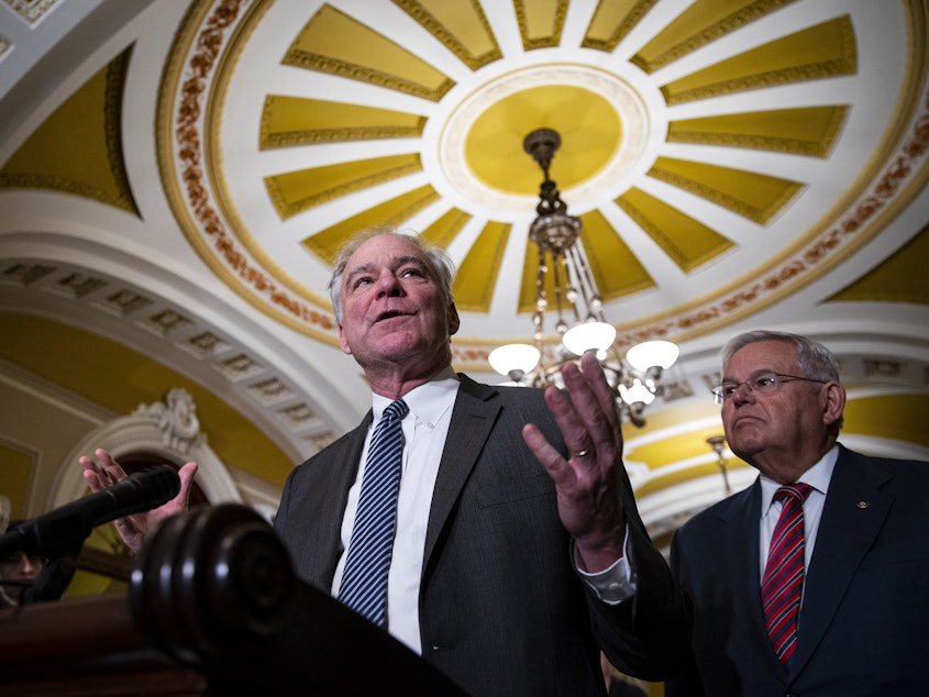 caption: Sen. Tim Kaine, a Democrat from Virginia, speaks during a news conference following the weekly Democratic caucus luncheon at the Capitol on Wednesday. Kaine said the vice chair of the Federal Reserve is leading an analysis of what happened with SVB and Signature Bank, which he expected to be finished by May 1.