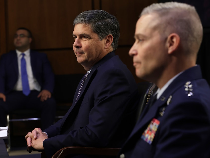 caption: Michael Casey (L) is shown here with U.S. Air Force Lieutenant General Timothy Haugh, at a confirmation hearing before the Senate Select Committee on Intelligence on July 12, 2023. Casey is now the director of the National Counterintelligence and Security Center.