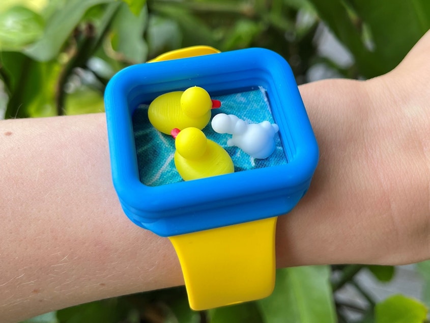 caption: When you check one of the watches made by Kevin Bertolero, you'll find tiny magnetic ducks instead of the time.