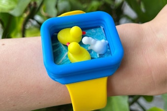 caption: When you check one of the watches made by Kevin Bertolero, you'll find tiny magnetic ducks instead of the time.