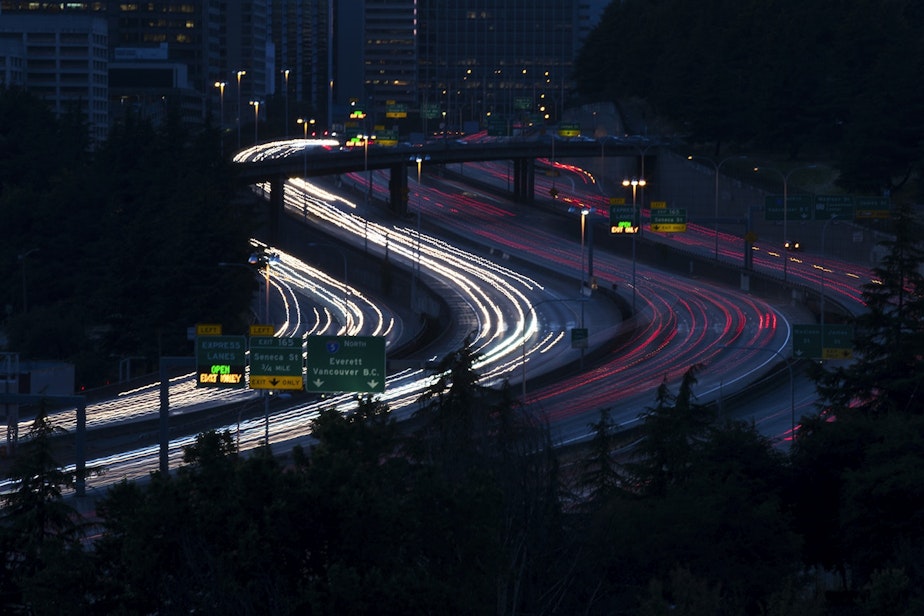 caption: Evening traffic on Interstate 5 in Seattle in 2017