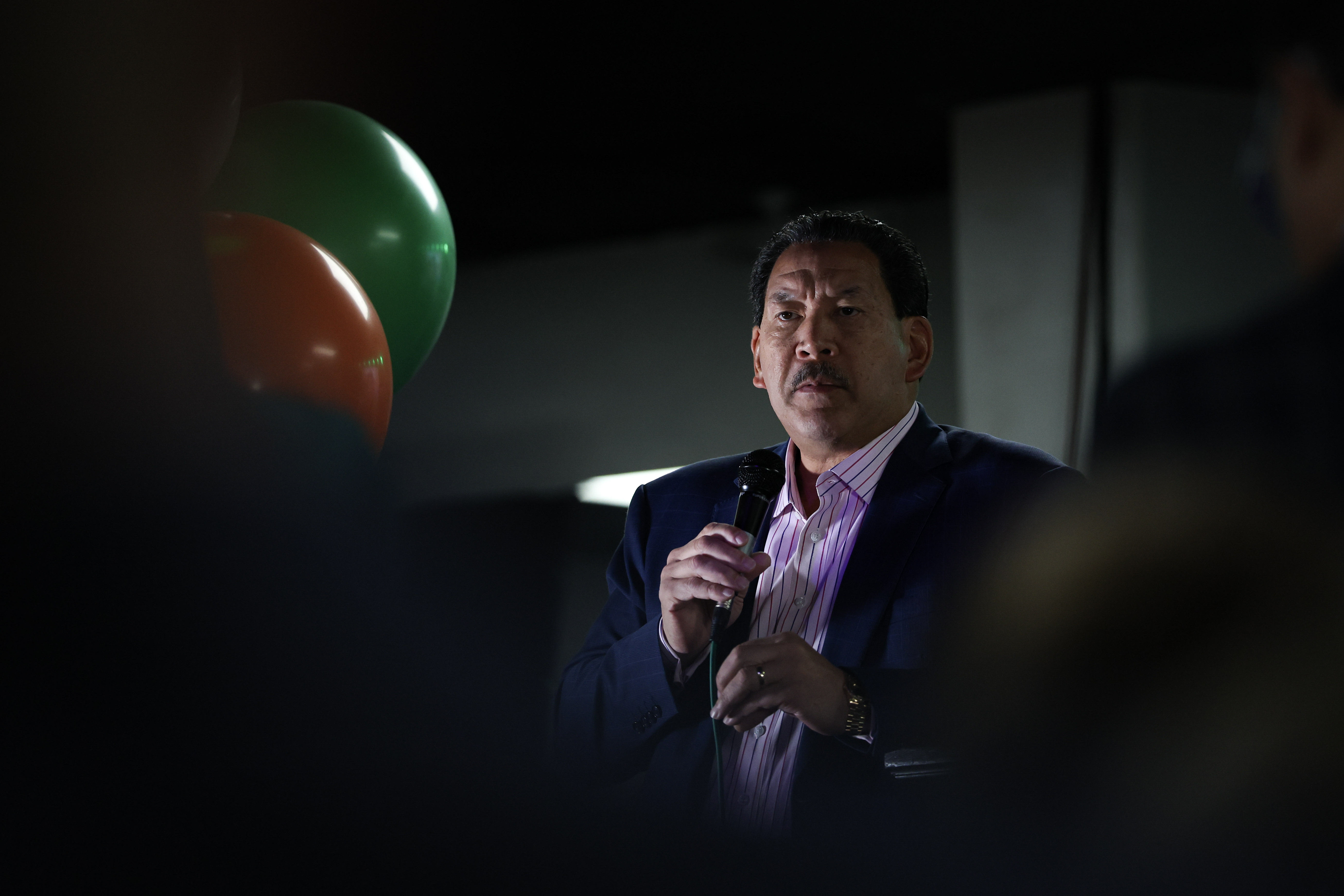 caption: Incumbent Seattle mayor Bruce Harrell speaks to supporters on Tuesday, November 4, 2025, at Royal Esquire Club in Seattle. 