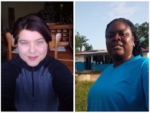 caption: Left: Jana De Brauwere, program manager at the San Francisco Public Library is now contact tracing through the State of California. Right: Rachel Saykpah, quality assurance officer for Last Mile Health in Liberia has overseen contact tracers in Africa since 2014.
