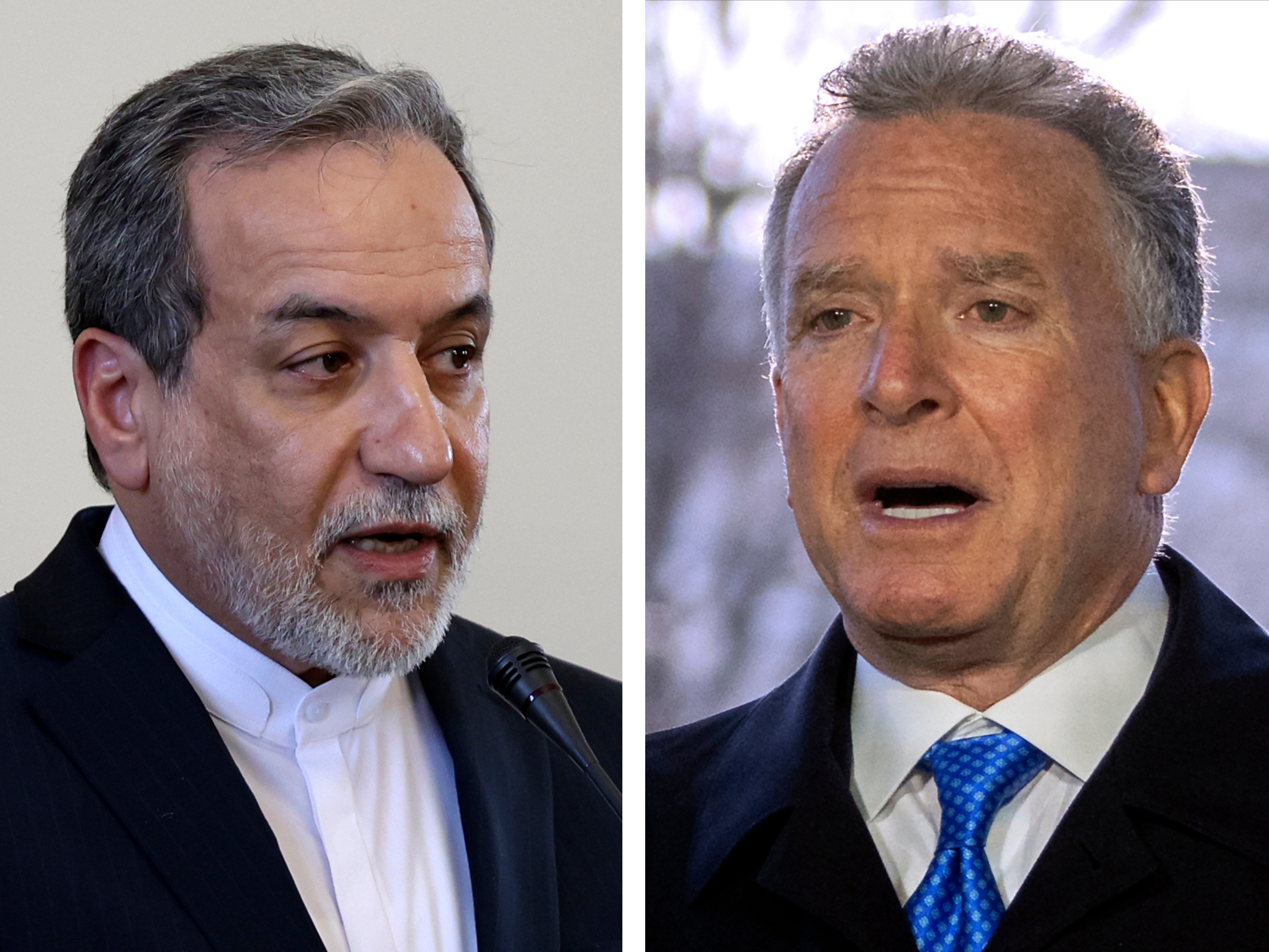 caption: Side-by-side photos show Iranian Foreign Minister Abbas Araghchi (left) pictured in Tehran, Iran, on Feb. 25, 2025, and Steve Witkoff (right), White House special envoy, pictured in Washington, on March 19, 2025.