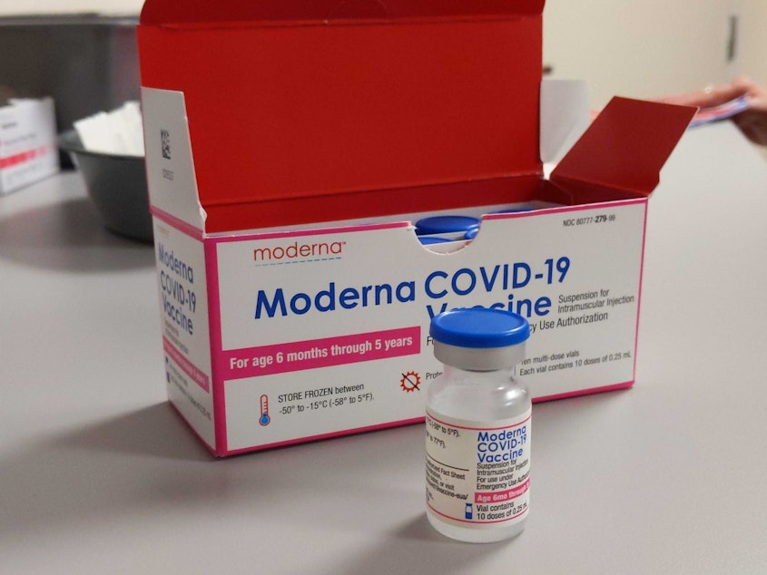 caption: An open box of the newly approved Moderna Covid-19 vaccine for young children at Seattle Children's on June 21, 2022. 