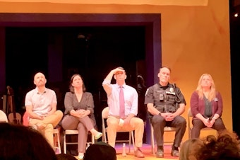 caption: The panel at a community meeting held at the Taproot Theatre on Monday, Oct. 17, 2022. From left, Josh Castle of the Low Income Housing Institute, Rep. Noel Frame, Councilmember Dan Strauss, Mike Cruzan of Seattle Police, and Karen Lund of Taproot Theatre.