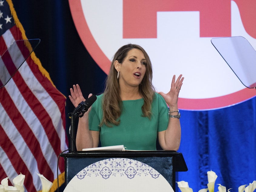 caption: Republican National Committee Chairwoman Ronna McDaniel gives a speech in 2023. The RNC is urging Republican voters to embrace early voting, even as conservative leaders continue to rail against the practice.
