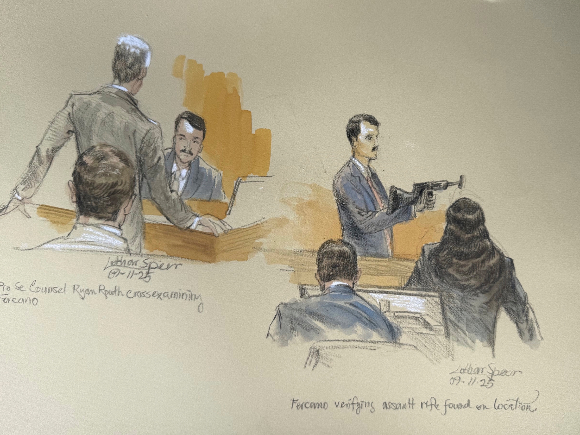 caption: This courtroom sketch shows Secret Service agent Robert Fercano holding up the weapon found in the bushes during opening statements Sept. 11, 2025 in the trial of Ryan Routh, who is charged with attempting to assassinate Donald Trump last year at a golf course in West Palm Beach, Fla.