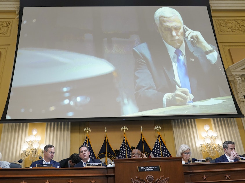 caption: A committee exhibit shows former Vice President Mike Pence talking on the phone from his secure location during the riot, as the House select committee investigating the Jan. 6, 2021, attack on the Capitol holds a hearing on Thursday.