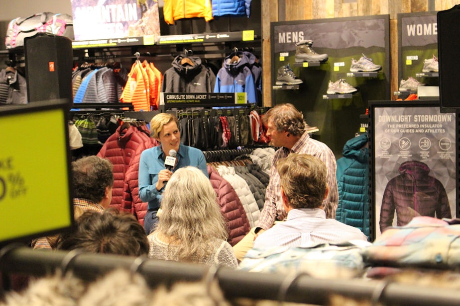 caption: KUOW's Ashley Ahearn and mountaineer Dave Hahn speak at Eddie Bauer store in University Village on October 28, 2016. 