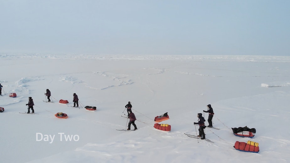 caption: The women pulling sledges on the second day of the 100km trek to the North Pole.