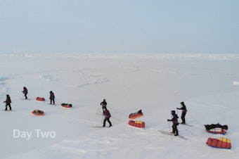 caption: The women pulling sledges on the second day of the 100km trek to the North Pole.