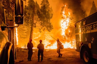 caption: Crews set a backfire in an effort to gain control of the massive Caldor fire near the Tahoe basin in California on Aug. 26.