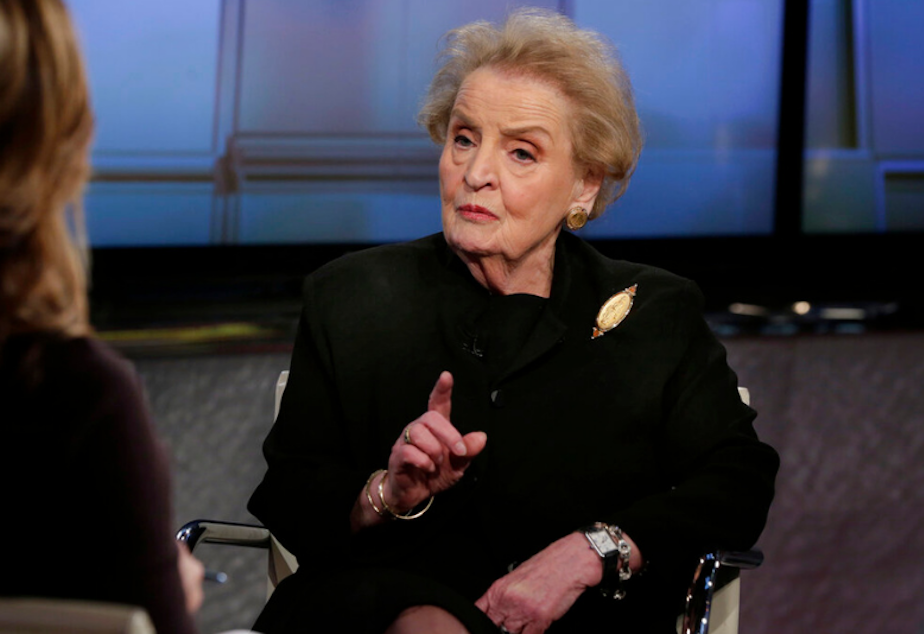 caption: Former U.S. Secretary of State Madeleine Albright is interviewed by Maria Bartiromo during her "Mornings with Maria" program on the Fox Business Network, in New York Wednesday, March 2, 2016.