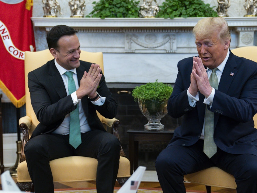 caption: President Donald Trump and Irish Prime Minister Leo Varadkar joke about not shaking hands as the met at the White House Thursday.