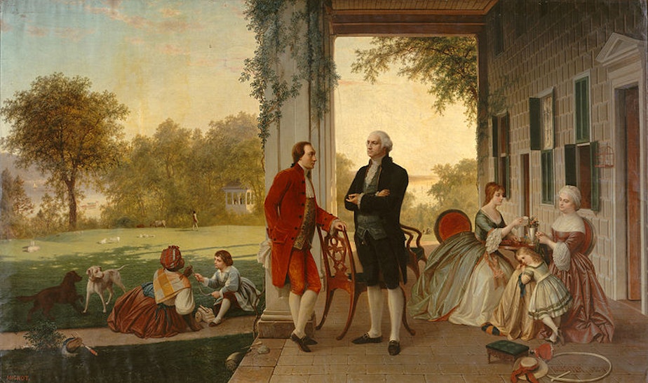 caption: Washington and Lafayette at Mount Vernon, 1784, by Thomas Prichard Rossiter and Louis RÃ©my Mignot. 