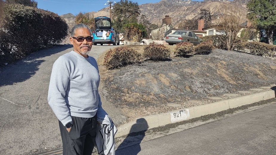 caption: Ridgley Curry, one of many black homeowners in Altadena, lost his home of 30 years.