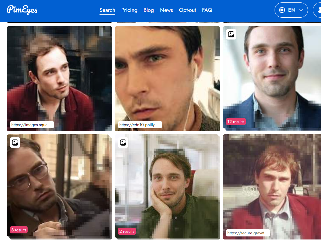 caption: An example of the photos surfaced by PimEyes when a photo of author Bobby Allyn was uploaded to the site. Some of the photos are easily found from a Google search. But even the person depicted in the photo didn't know some of these images existed online.