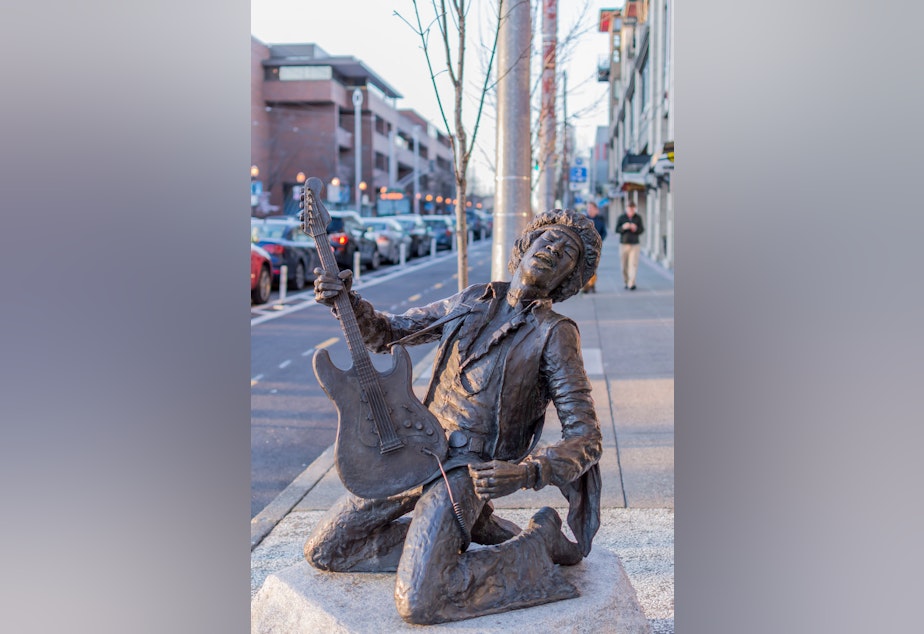 caption: The Jimi Hendrix statue across the street from Seattle Central Community College on Capitol Hill.