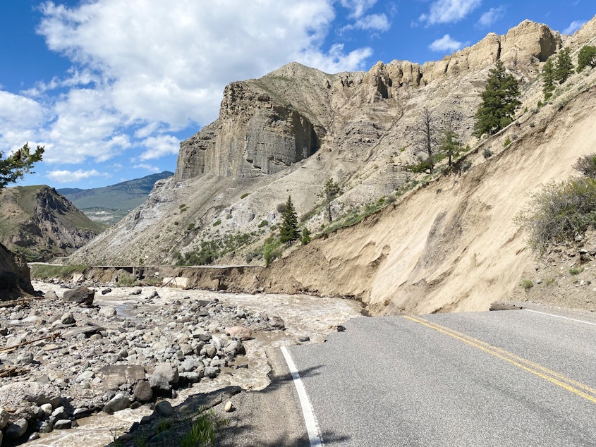 caption: Yellowstone's North Entrance Road was washed out by flooding.