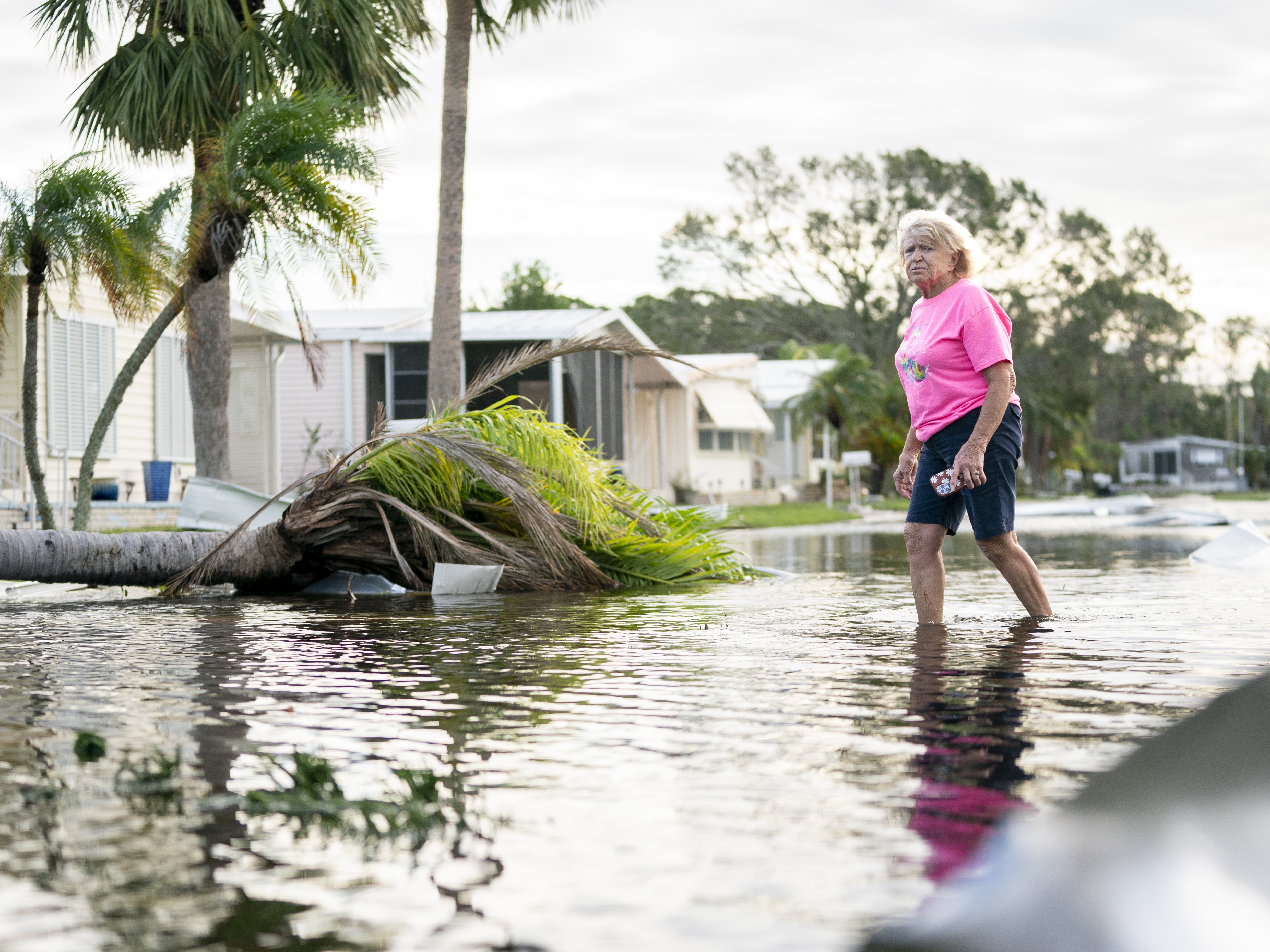 caption: A woman walks along a flooded street in the aftermath of Hurricane Milton in Osprey, Florida. The hurricane made landfall as a Category 3 hurricane in the Siesta Key area.