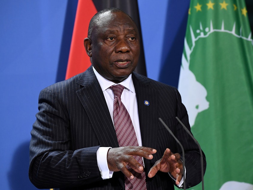 caption: South African President Cyril Ramaphosa in August. He called on Western nations on Sunday to scrap travel restrictions placed on southern Africa to stem the spread of the omicron variant. "The prohibition of travel is not informed by science nor will it be effective in preventing the spread of this variant," he said.