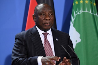 caption: South African President Cyril Ramaphosa in August. He called on Western nations on Sunday to scrap travel restrictions placed on southern Africa to stem the spread of the omicron variant. "The prohibition of travel is not informed by science nor will it be effective in preventing the spread of this variant," he said.