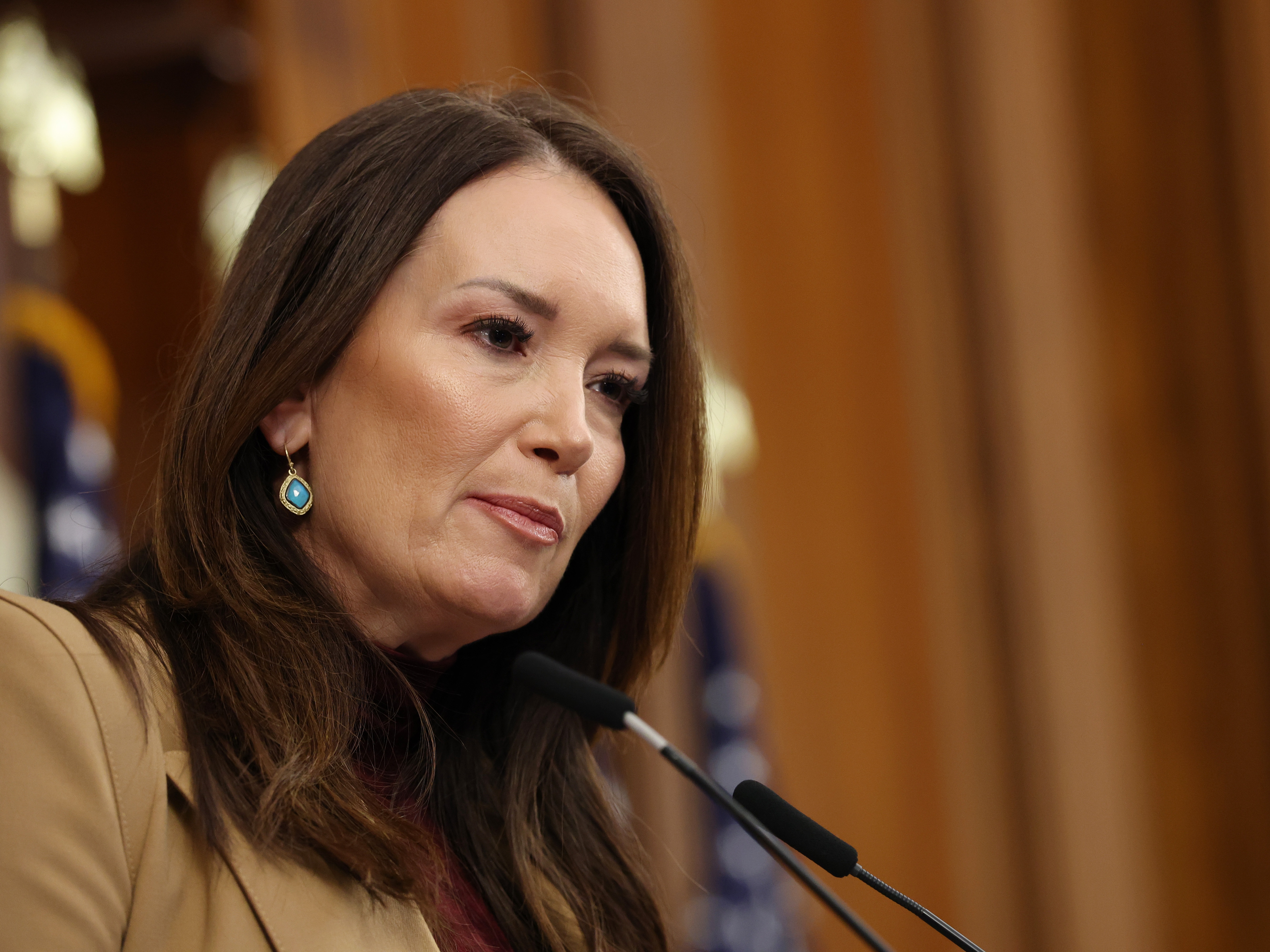 caption: Agriculture Secretary Brooke Rollins at a news conference on Capitol Hill on Oct. 31.