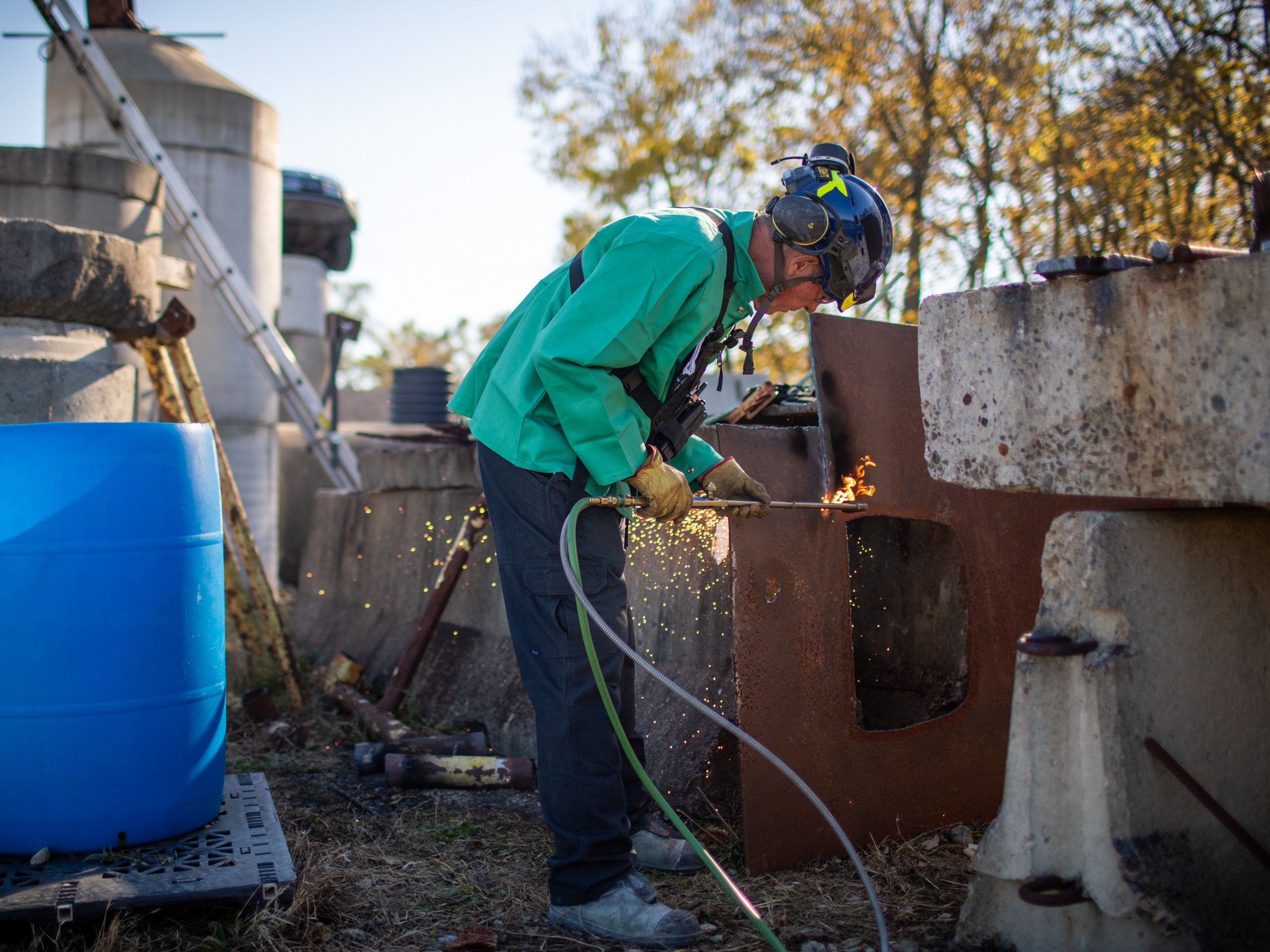 caption: Grant Light demonstrates how to use a torch to cut through steel at a search and rescue training in Dayton, Ohio, in November 2025.