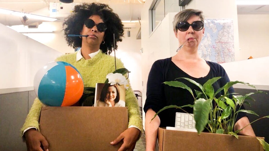 caption: Hosts Eula Scott Bynoe, left, and Jeannie Yandel practice quitting their jobs, Peggy Olson style. (But don't worry, they're not actually going anywhere.) 
