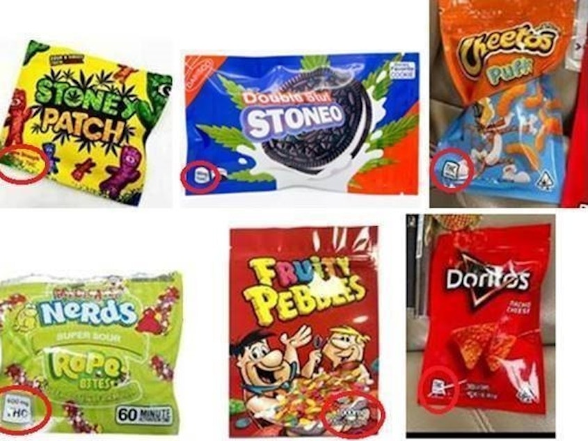 caption: Six examples of products resembling standard snack items. The featured products contain THC, a main ingredient in marijuana edibles.