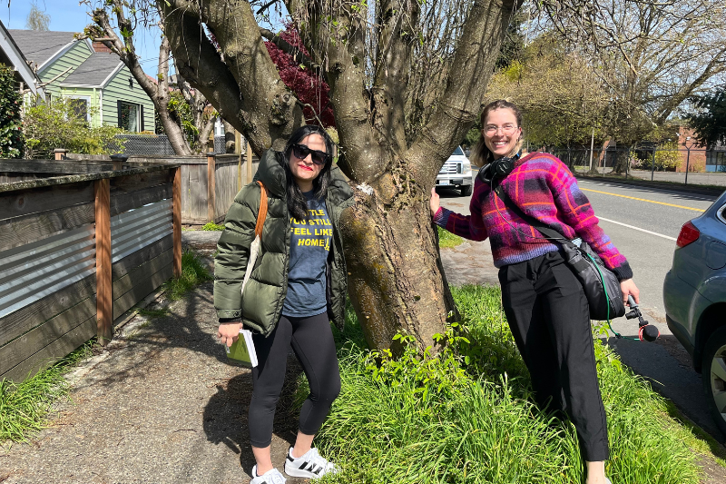 caption: KUOW's Paige Browning (right) with Taha Ebrahimi, author of "Street Trees of Seattle," in front of a golden chain tree in south Seattle. 