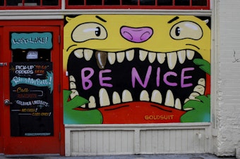 caption: A "be nice" mural at Lake City Cafe by Goldsuit (@goldsuit)