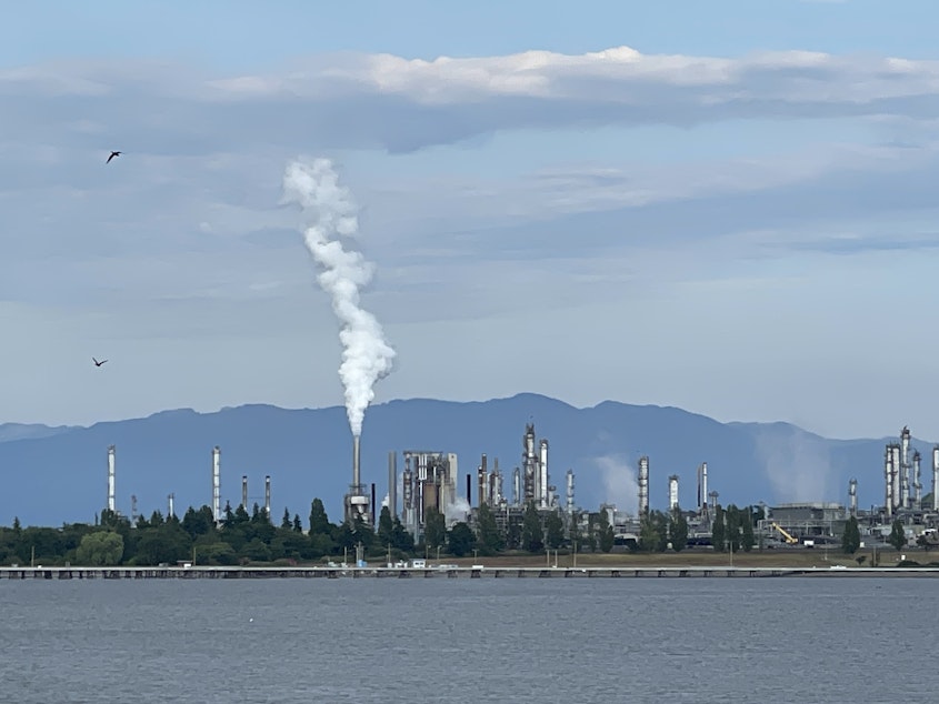 caption: Steam and invisible, heat-trapping carbon dioxide billow from the Marathon Petroleum Corporation refinery in Anacortes, Washington, in June 2023.