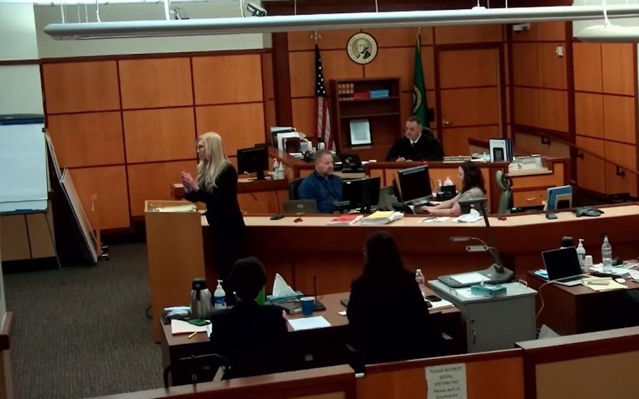 caption: Defense attorney Anne Bremner delivers closing arguments to jurors, who are to the left of the camera, in the trial of Pierce County Sheriff Ed Troyer. 