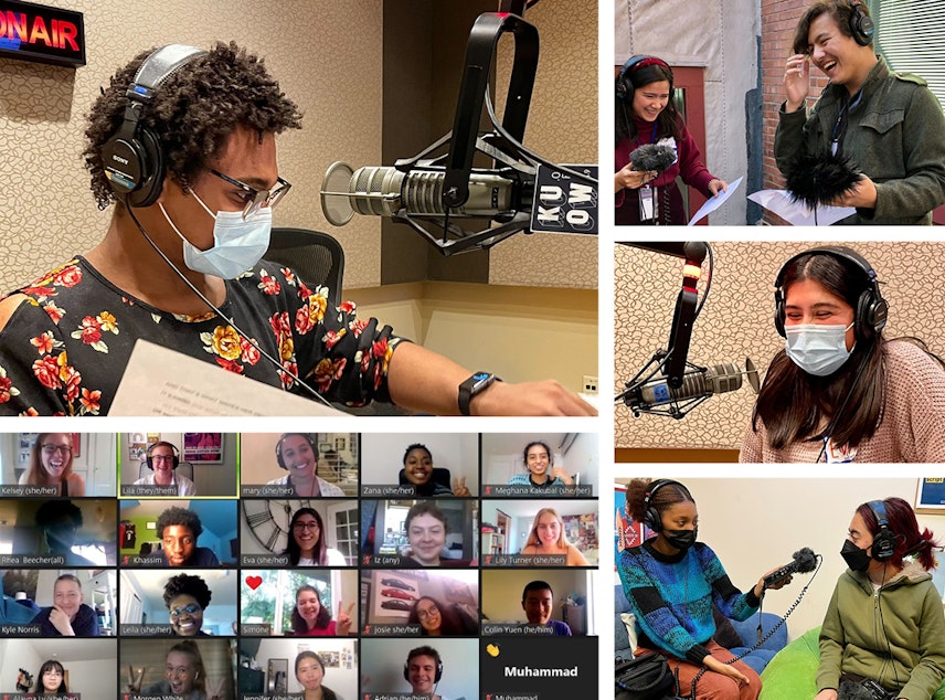 caption: RadioActive youth producers working together at KUOW and on Zoom in 2022.