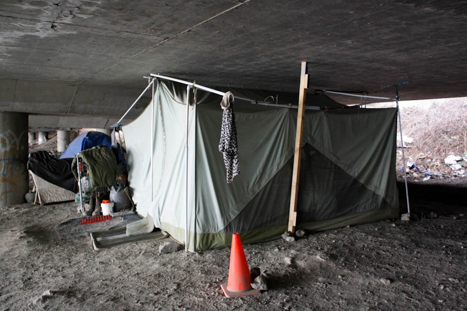 caption: A tent in the Jungle, a Seattle homeless encampment believed to have grown out of the original homeless hobo jungle during the Great Depression of the 1930s.