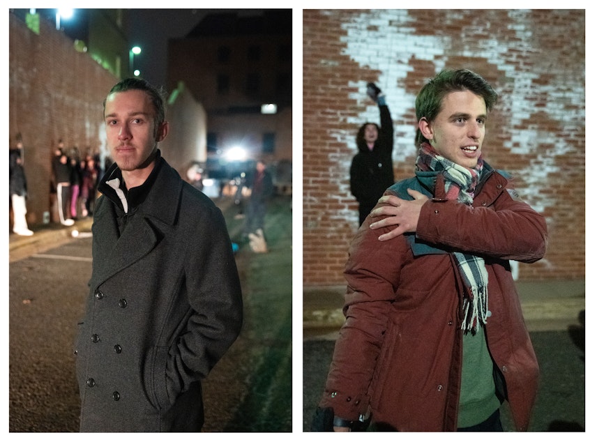 caption: Left: Junior Drew Lerner, in his second season as host, poses for a portrait. Right: Sophomore Adriano Backes Pilla cradles his shoulder after the Solo cup challenge.