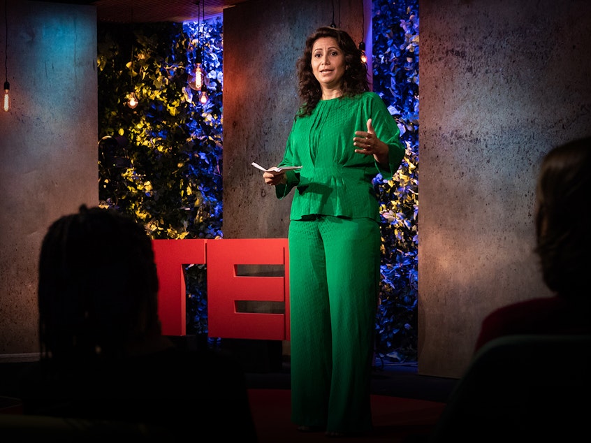 caption: Özlem Cekic from the TED stage.