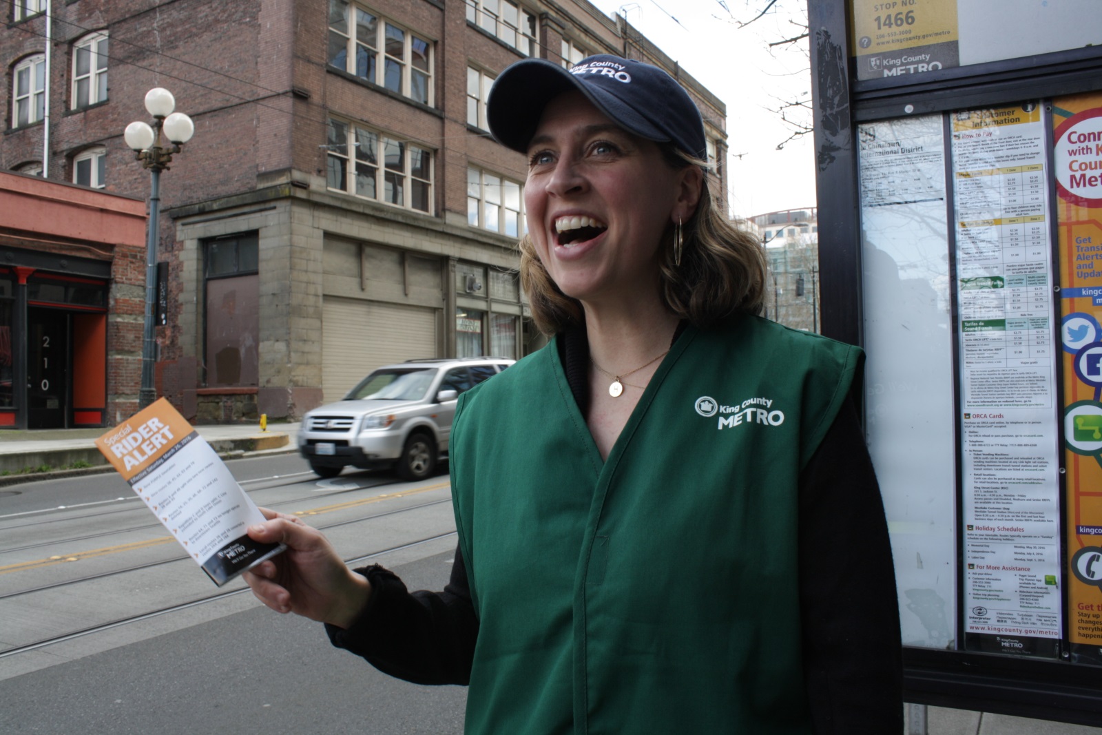 caption: Metro's Chris O'Claire says the transit agency will hand out free Orca cards loaded up with free trips to those who haven't tried them yet. Flag down someone dressed like this, especially Monday and Tuesday.