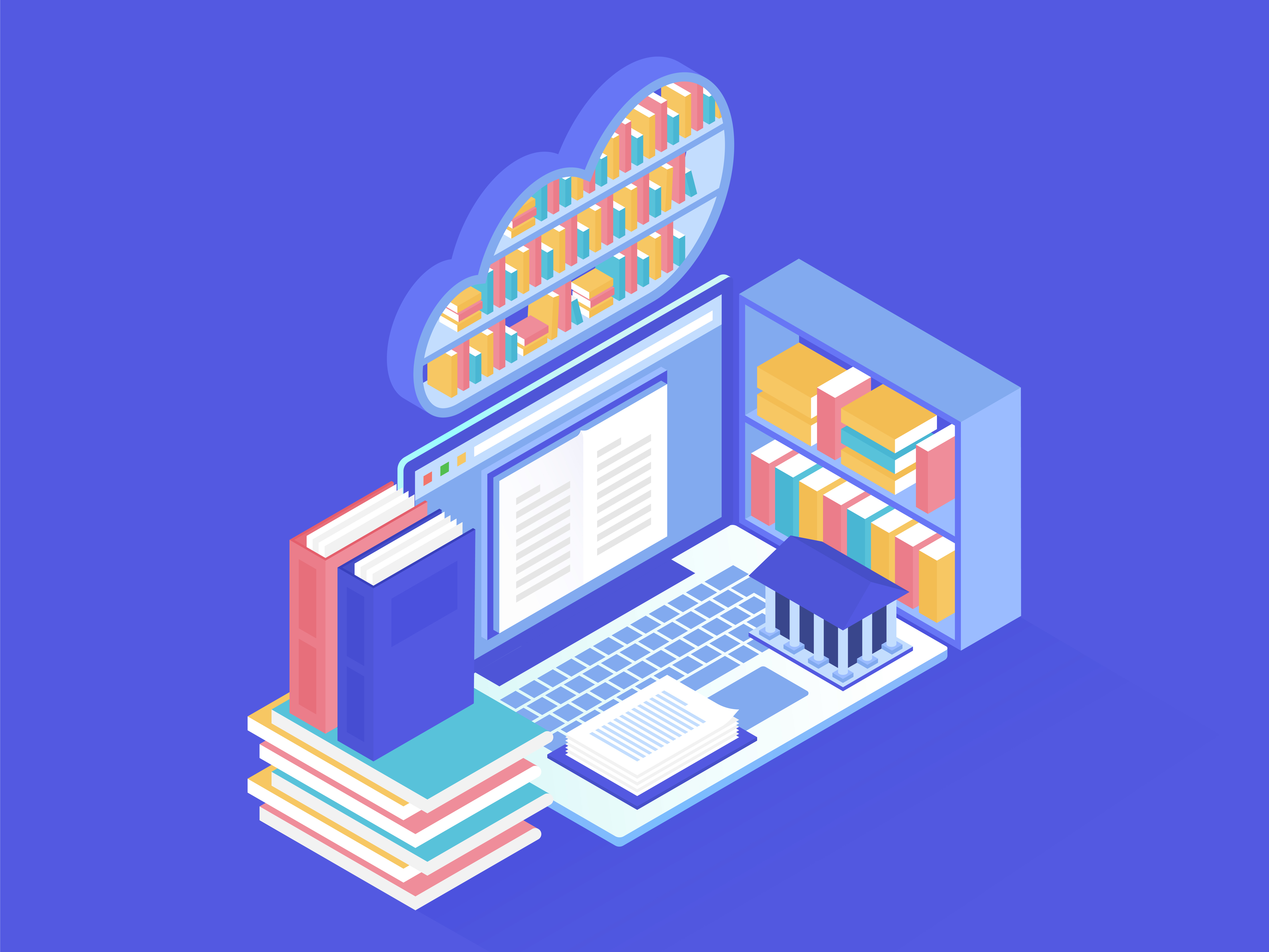 Online library design in isometric vector illustration
