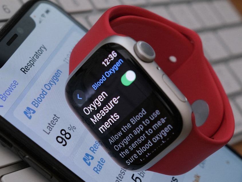 caption: This illustration photo shows an Apple Watch 9 displaying the blood-oxygen level detection settings, in Los Angeles, on Tuesday.