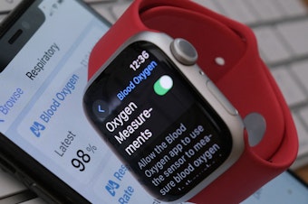 caption: This illustration photo shows an Apple Watch 9 displaying the blood-oxygen level detection settings, in Los Angeles, on Tuesday.