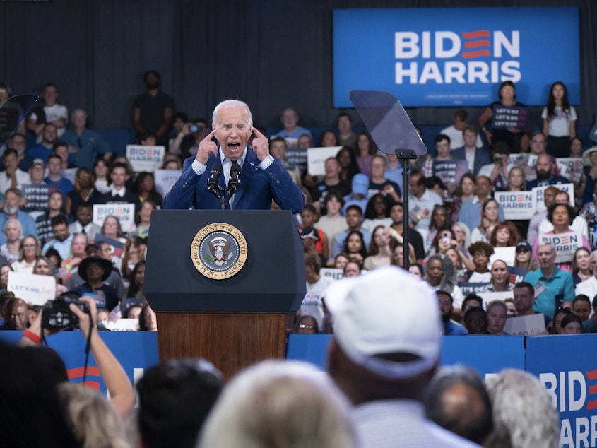 caption: U.S. President Joe Biden speaks at a post-debate campaign rally on June 28, 2024 in Raleigh, North Carolina. Last night President Biden and Republican presidential candidate, former U.S. President Donald Trump faced off in the first presidential debate of the 2024 campaign. 