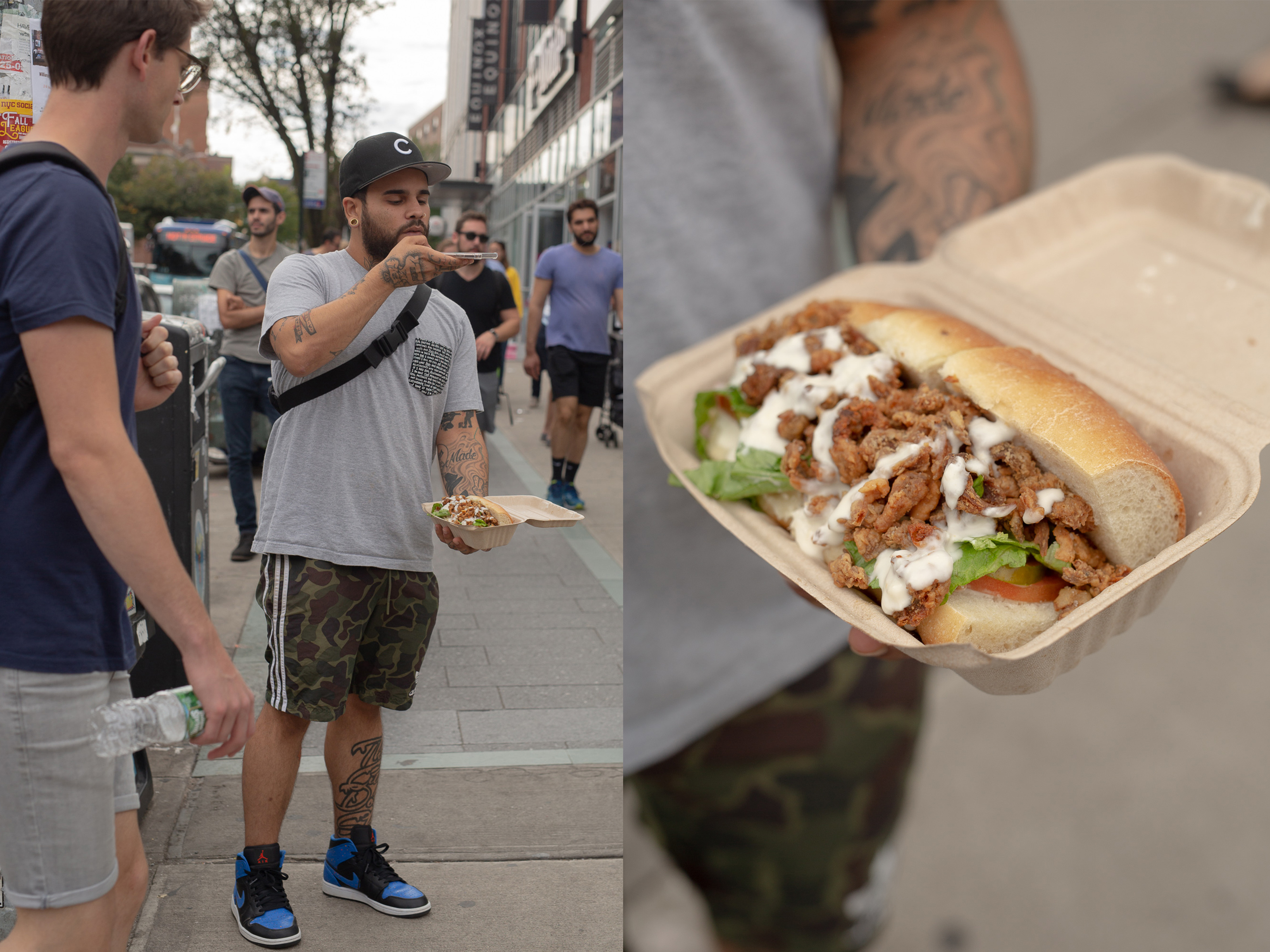 caption: Erick Castro photographs his vegan fried-oyster-mushroom po'boy outside of a Whole Foods in Brooklyn. The sandwich is made by local vegan food business <a href="http://www.chickpeaandolive.com/">Chickpea and Olive</a>.